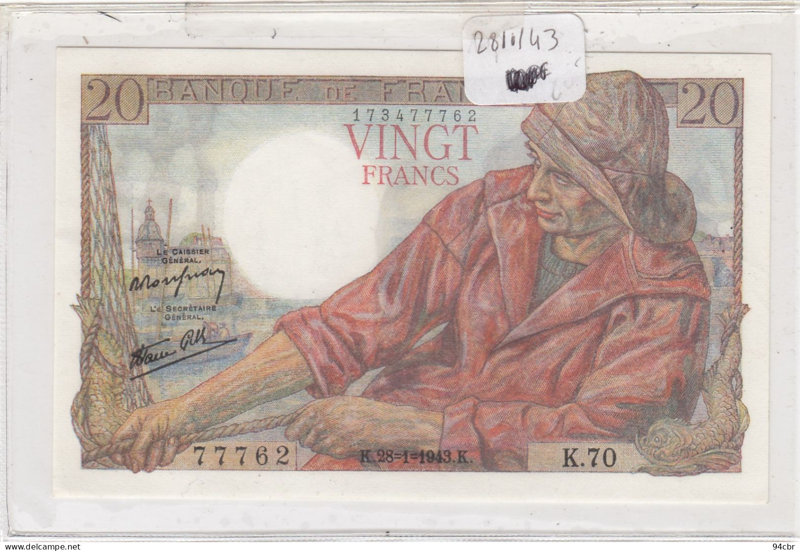 BILLET DE BANQUE )  VINGT FRANCS PECHEUR 28.1.1943 (neuf) - Sonstige – Europa