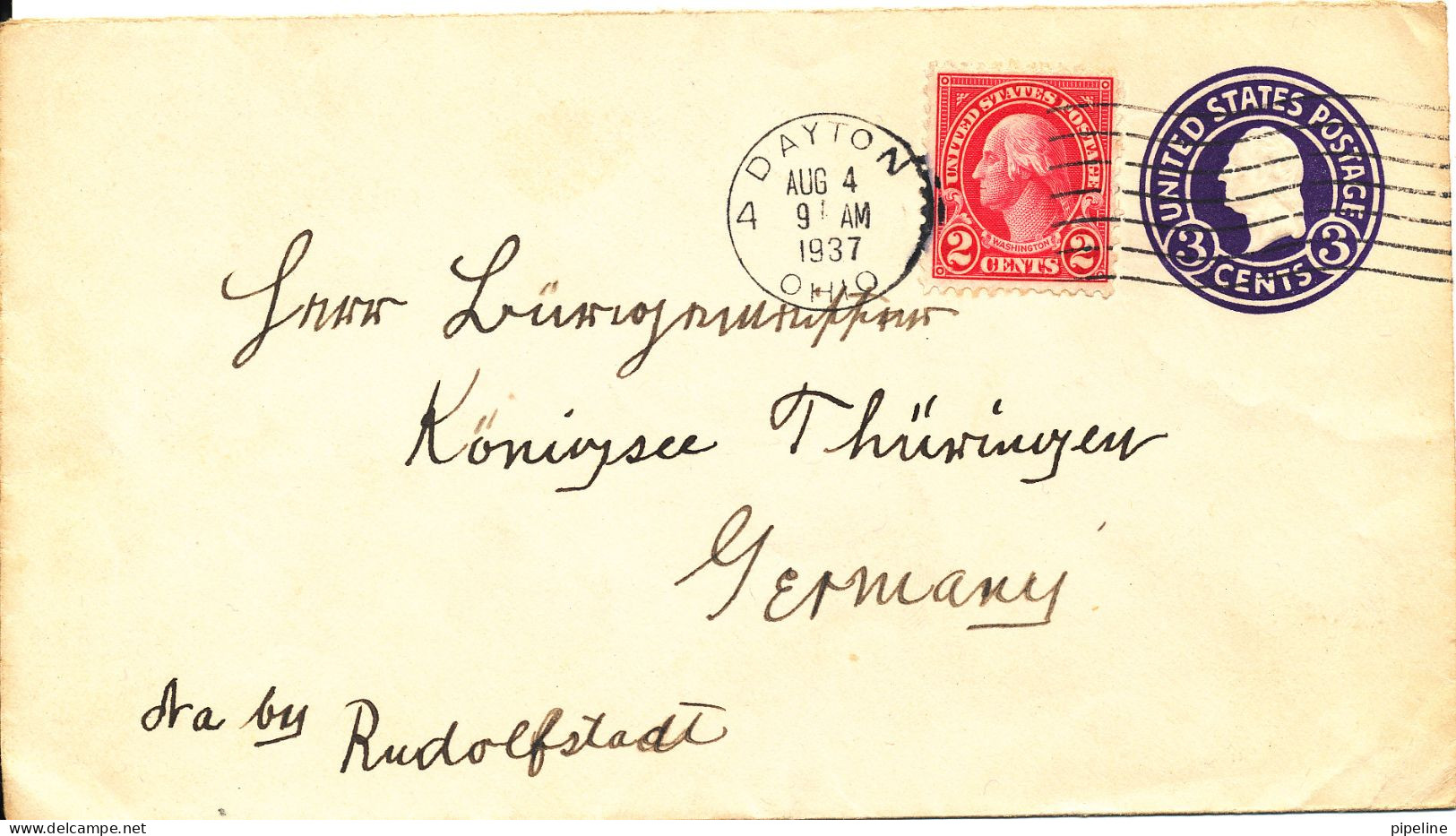 USA Uprated Postal Stationery Cover Sent To Germany Dayton 4-8-1937 - 1921-40