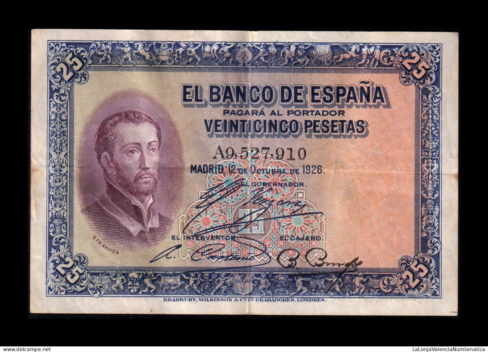 España Spain 25 Pesetas San Francisco Xavier 1926 Pick 71a Serie A Mbc Vf - 1-2-5-25 Peseten