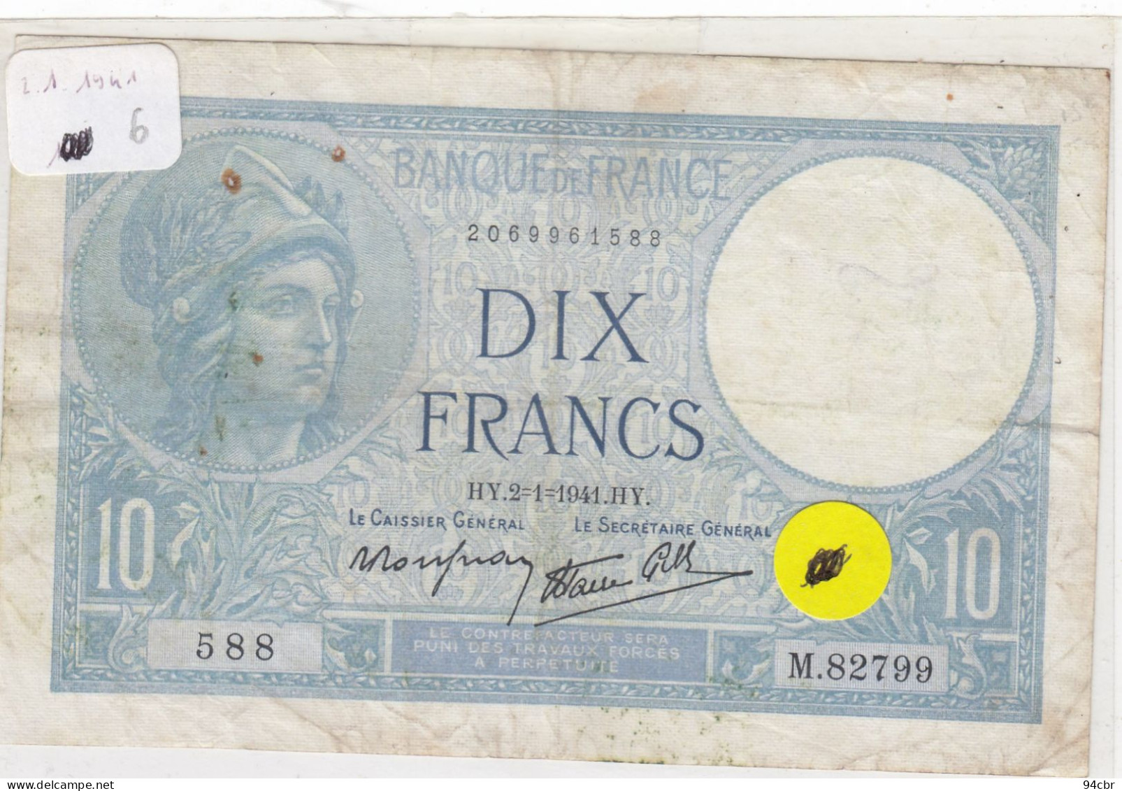 BILLET DE BANQUE ) DIX FRANCS MINERVE 2.1.1941 - Sonstige – Europa