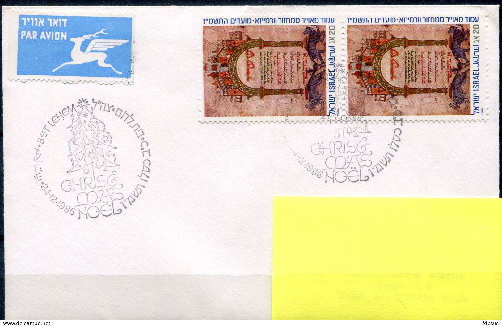 24-12-1986 Cover With Christmas / Noel Cancellation On Cover From Bethlehem To Belgium - Covers & Documents