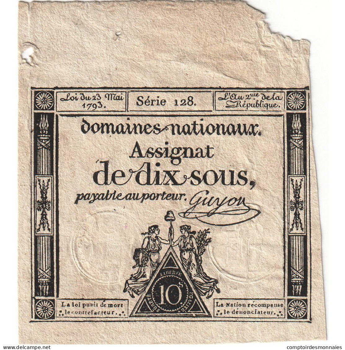 France, 10 Sous, 1793, Série 128, TTB, KM:A68b, Lafaurie:165 - Assignats