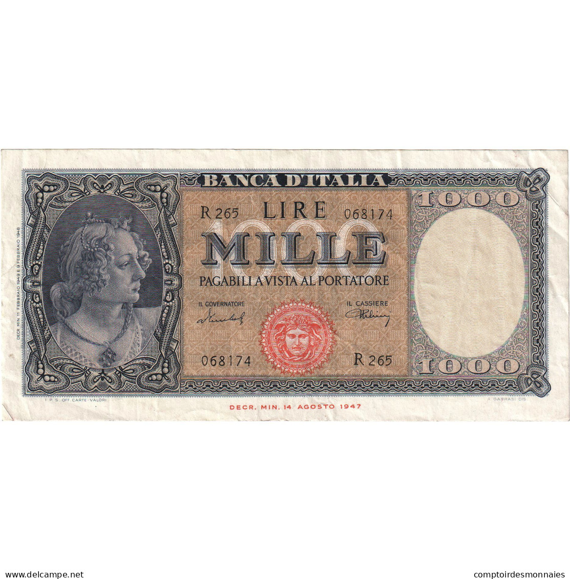 Billet, Italie, 1000 Lire, 1947, 1947-08-14, KM:72c, TTB+ - 1.000 Lire