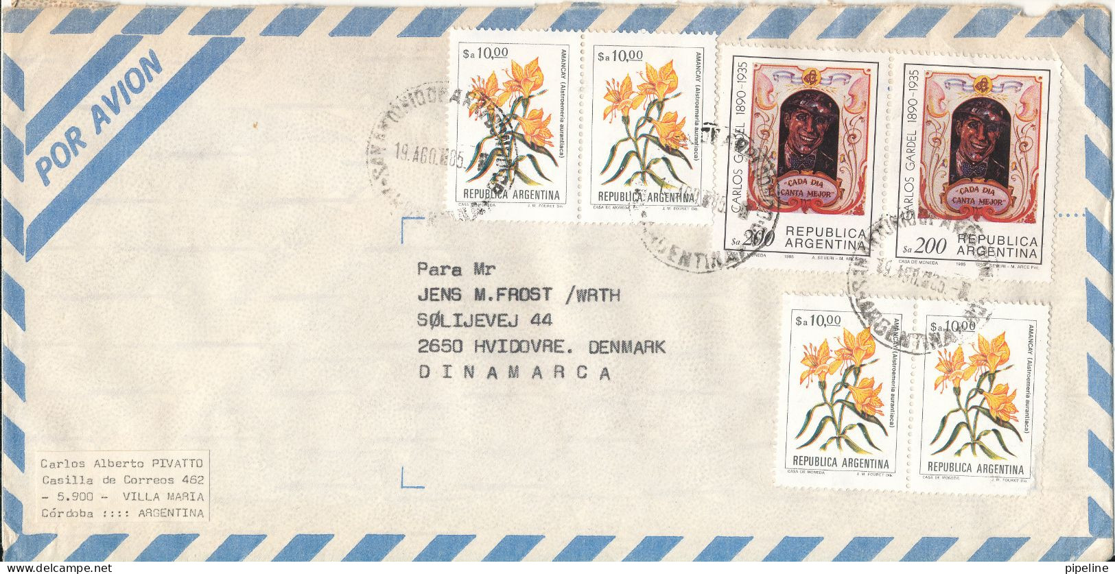 Argentina Air Mail Cover Sent To Denmark 19-8-1985 Topic Stamps Flowers - Poste Aérienne