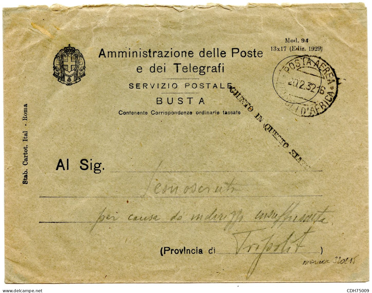 ITALIE - NIERINCK 320215 ACCIDENT DE LA VALETTE - LETTRE + ENVELOPPE DE REEXPEDITION - Storia Postale (Posta Aerea)