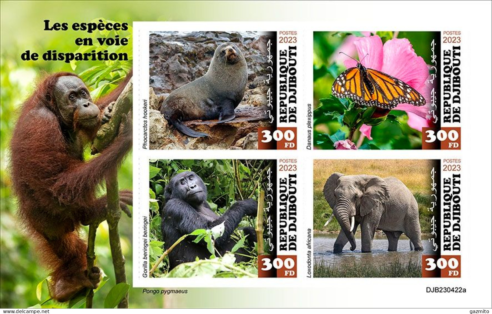 Djibouti 2023, Animals In Danger, Gorilla, Elephant, Butterfly, Seal, 4val In BF IMPERFORATED - Gorilla