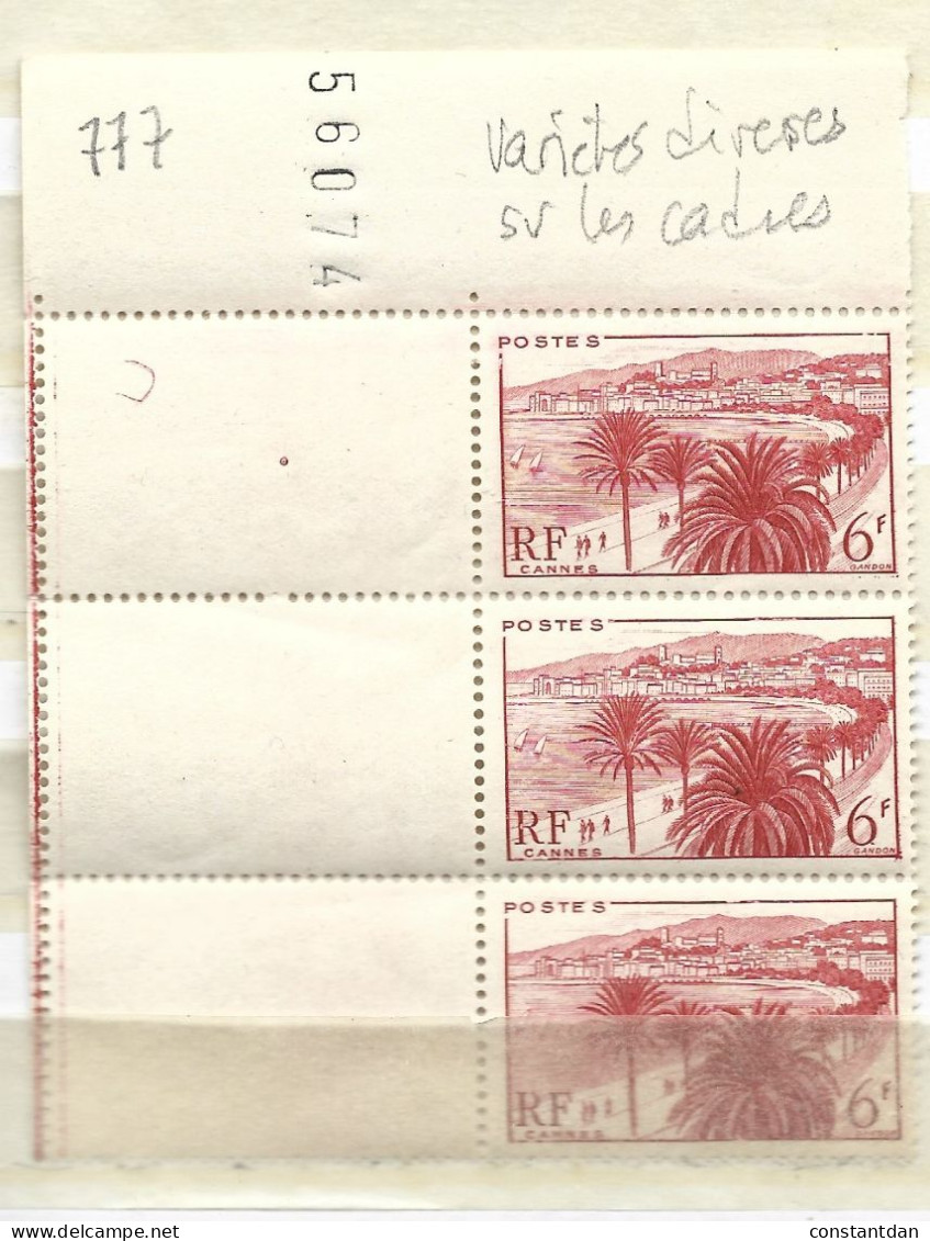 FRANCE N° 777 6 F  ROUGE ORANGER MONUMENTS ET SITES CANNES BANDE DE 3 TPS VARIETES DIVERSES SUR LES CADRES** - Unused Stamps