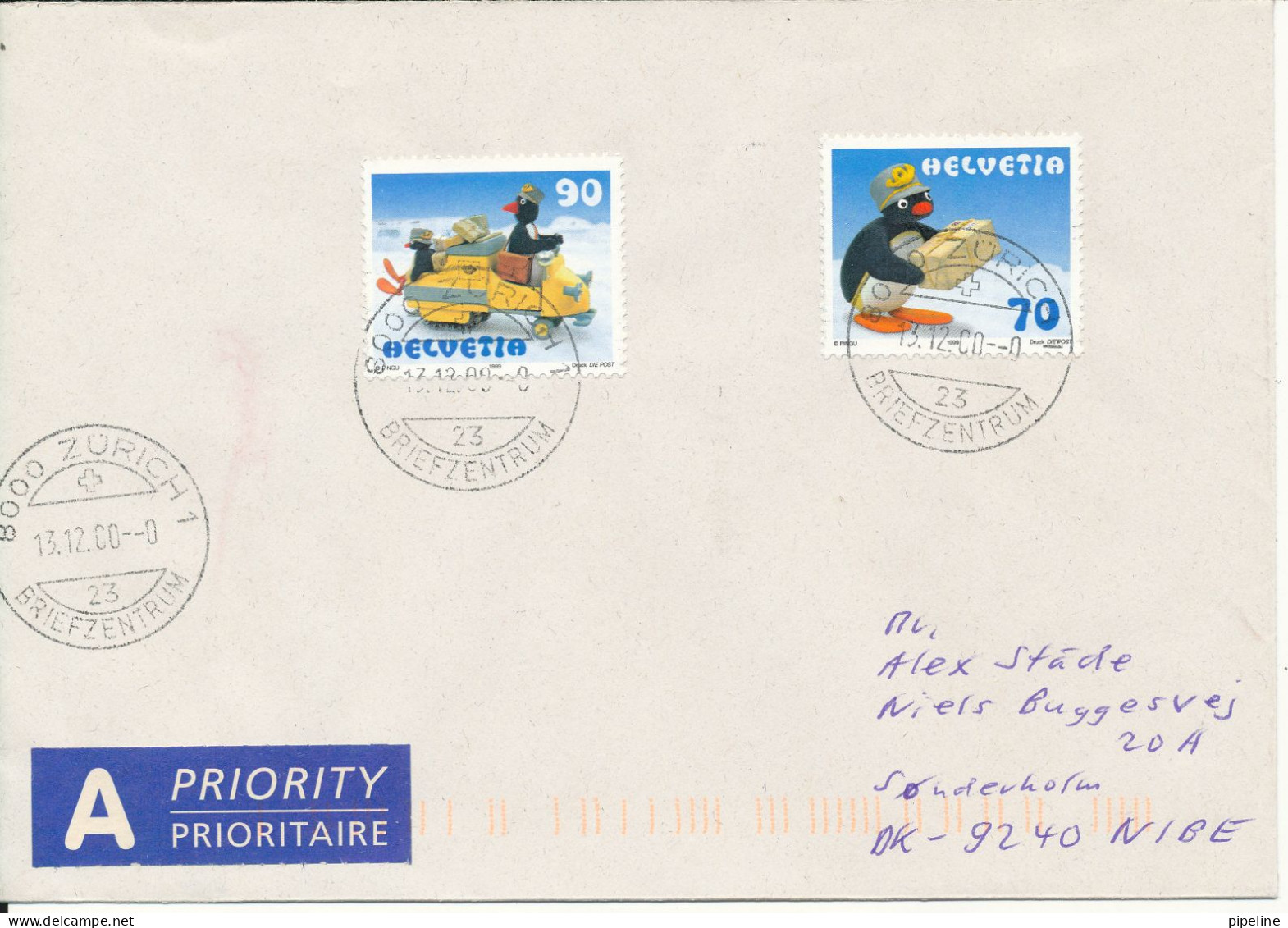 Switzerland Cover Sent To Denmark 13-12-2000 PINGU Stamps - Storia Postale