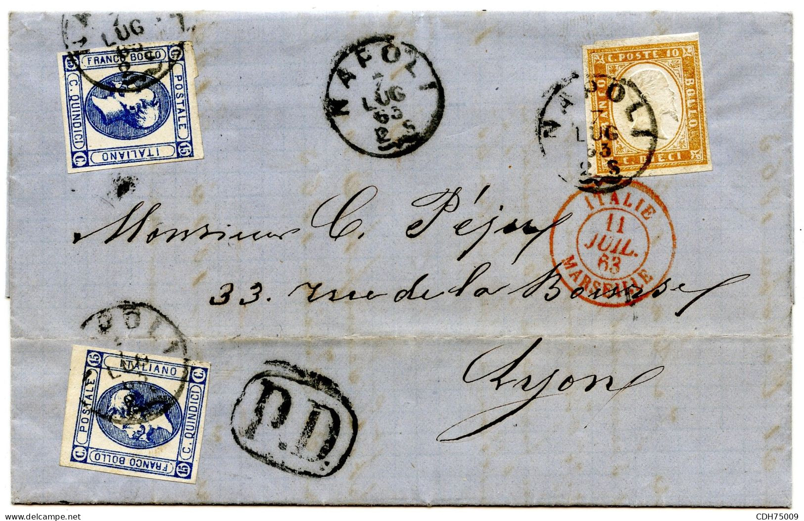 ITALIE - SARDAIGNE 10C + ITALIE 15CX2 SUR LETTRE DE NAPLES POUR LYON, 1863 - Sardegna