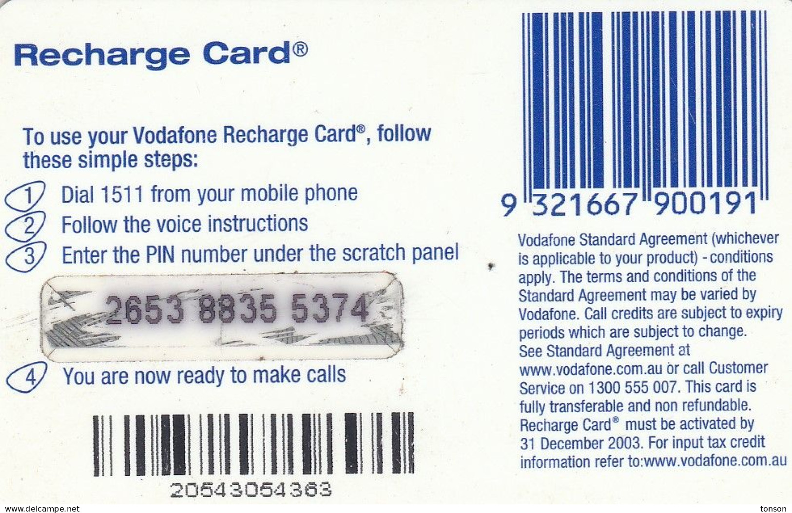 Australia, AU-VOD-REF-0053?, Vodafone, $20 FastFone Recharge, 2 Scans.   Expiry : 31. December 2003   NB Wear - Australie