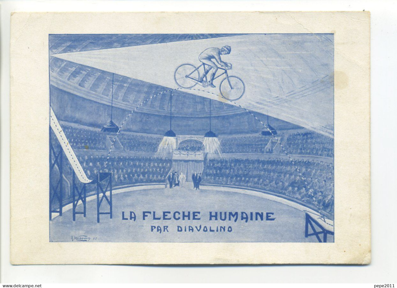 Carte Publicitaire Spectacle Cirque - LA FLECHE HUMAINE Par DAIVOLINO - Cascade Cycliste Vélo - Peu Commune - Zirkus