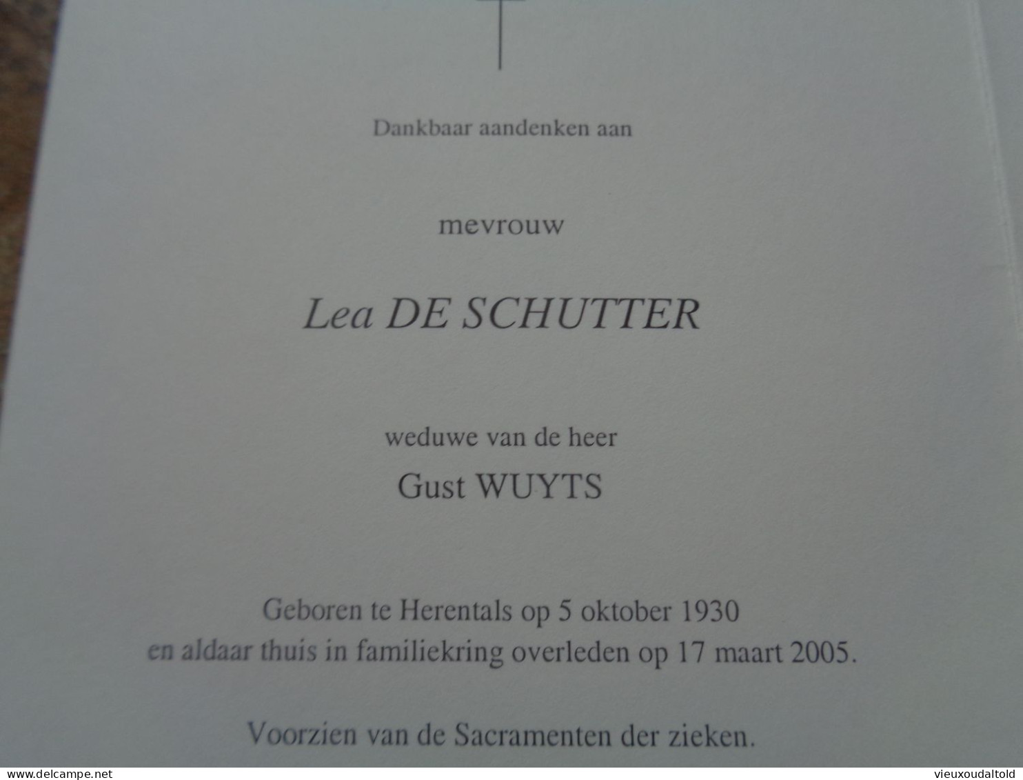 Doodsprentje/Bidprentje  Lea DE SCHUTTER   Herentals 1930-2005    (Wwe Gust WUYTS) - Religion & Esotérisme