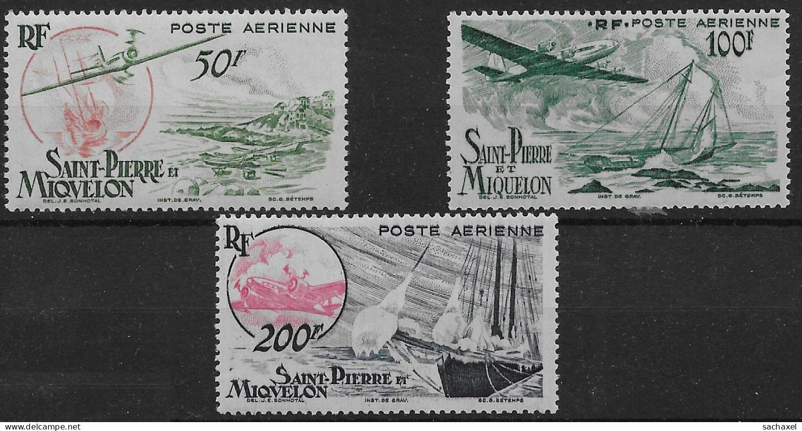 1947  Saint Pierre Et Miquelon N° PA 18 à 20 Nf** MNH . Poste Aérienne. - Unused Stamps