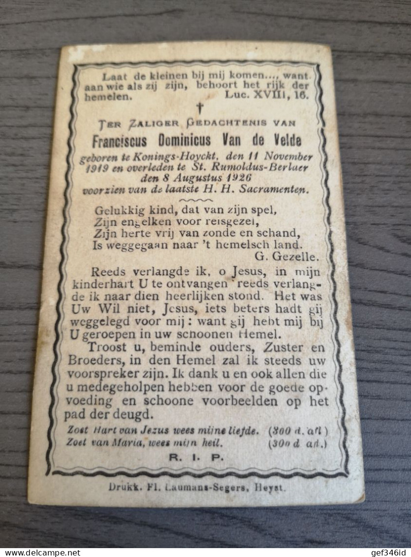 Kind Van De Velde Konings-Hoyckt 1919 St-Rumoldus Berlaer 1926 Drukk. Laumans Segers Heyst - Religion & Esotérisme