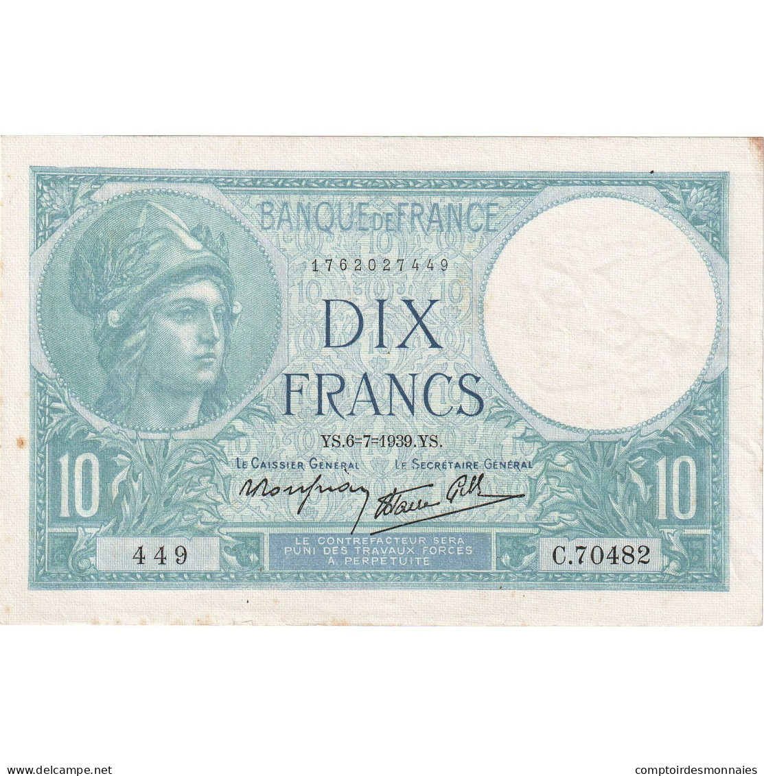 France, 10 Francs, Minerve, 1939, C.70482, SUP, Fayette:7.4, KM:84 - 10 F 1916-1942 ''Minerve''