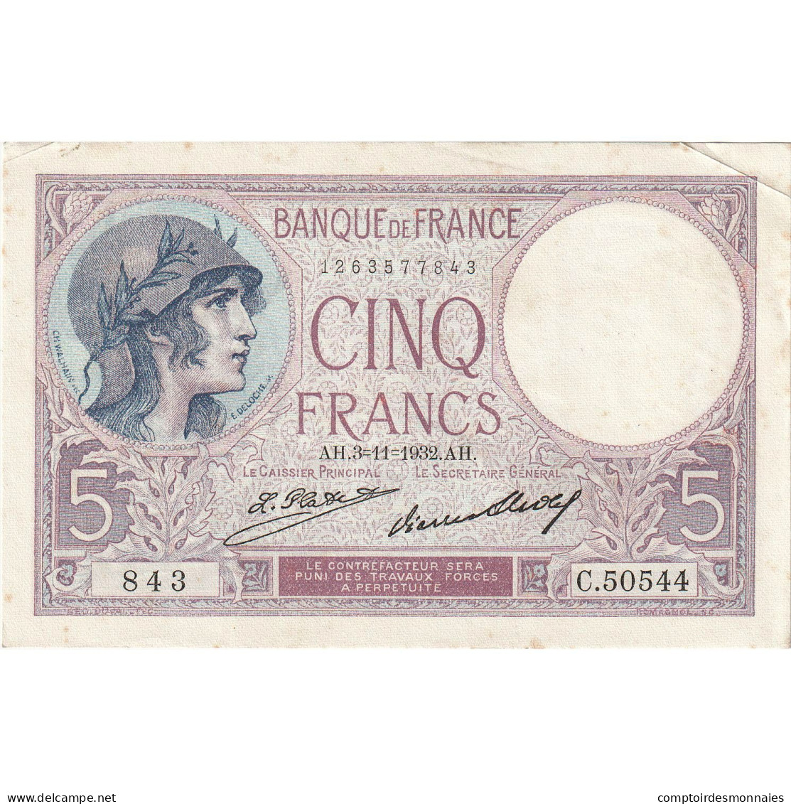 France, 5 Francs, Violet, 1932, C.50544, SUP+, Fayette:3.16, KM:72d - 5 F 1917-1940 ''Violet''