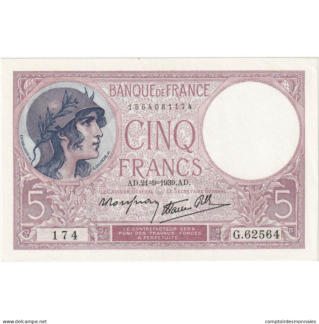 France, 5 Francs, Violet, 1939, G.62564, SPL+, Fayette:4.9, KM:83 - 5 F 1917-1940 ''Violet''