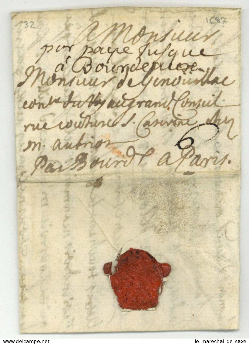 1687 Lettre Pour Paris Mention "por Paye Jusque A Bourdeaux" - ....-1700: Précurseurs