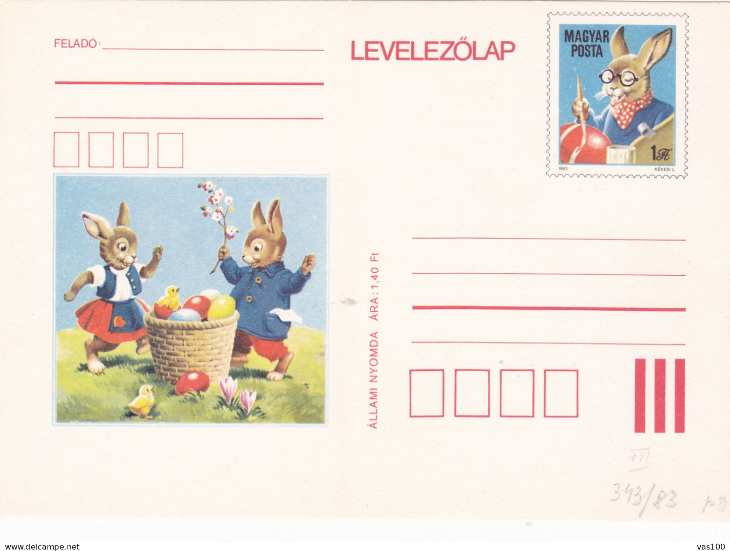 RABBIT,EASTER,PAQUES,POST CARD STATIONERY, 1983 , ROMANIA - Pasen