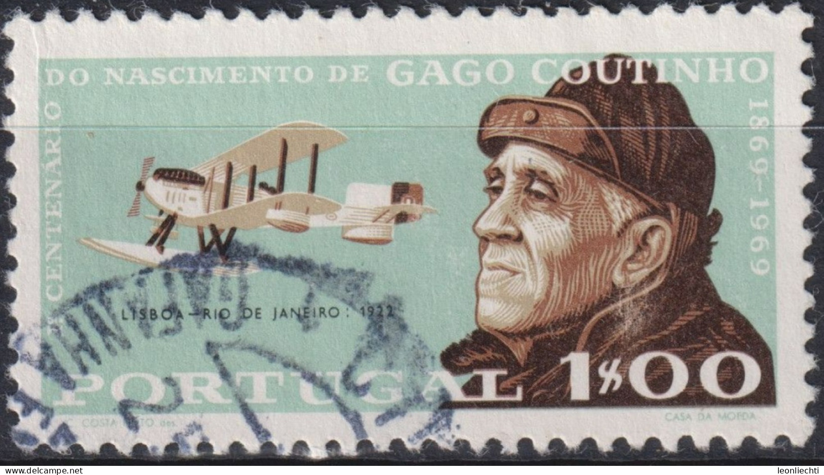 1969 Portugal ° Mi:PT 1084, Yt:PT 1065, Lisbon-Rio De Janeiro 1922, 1st Centenary Of The Birth Of Gago Coutinho - Oblitérés