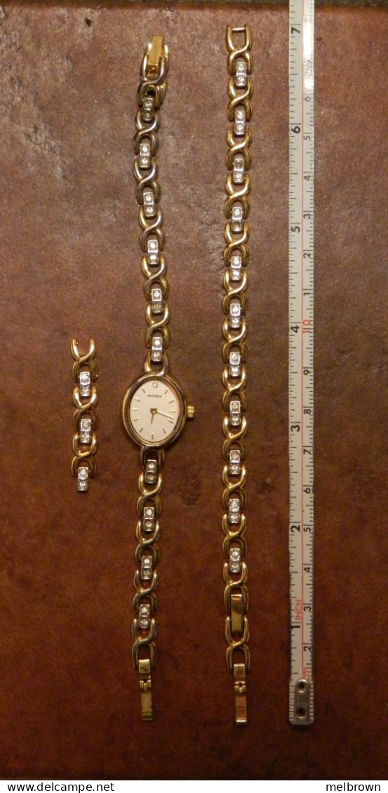 Vintage Ladies Gold Tone And Diamante SEKONDA Dress Watch And Bracelet Set - Watches: Jewels