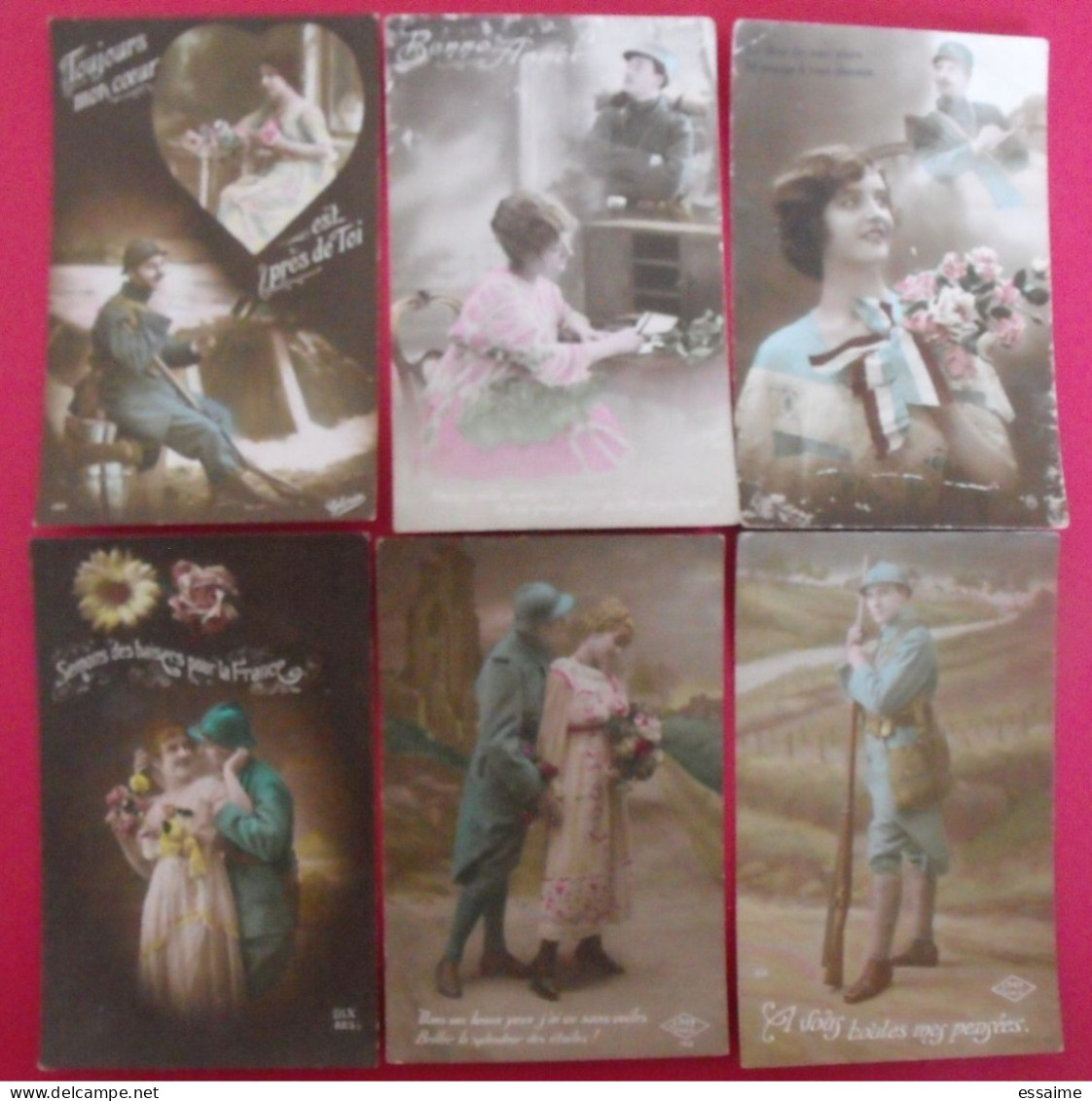 Lot De 6 Cartes Postales. Militaire Baiser Amour Pensée Couple Affection Bonne Année Guerre 14-18 - Collections & Lots