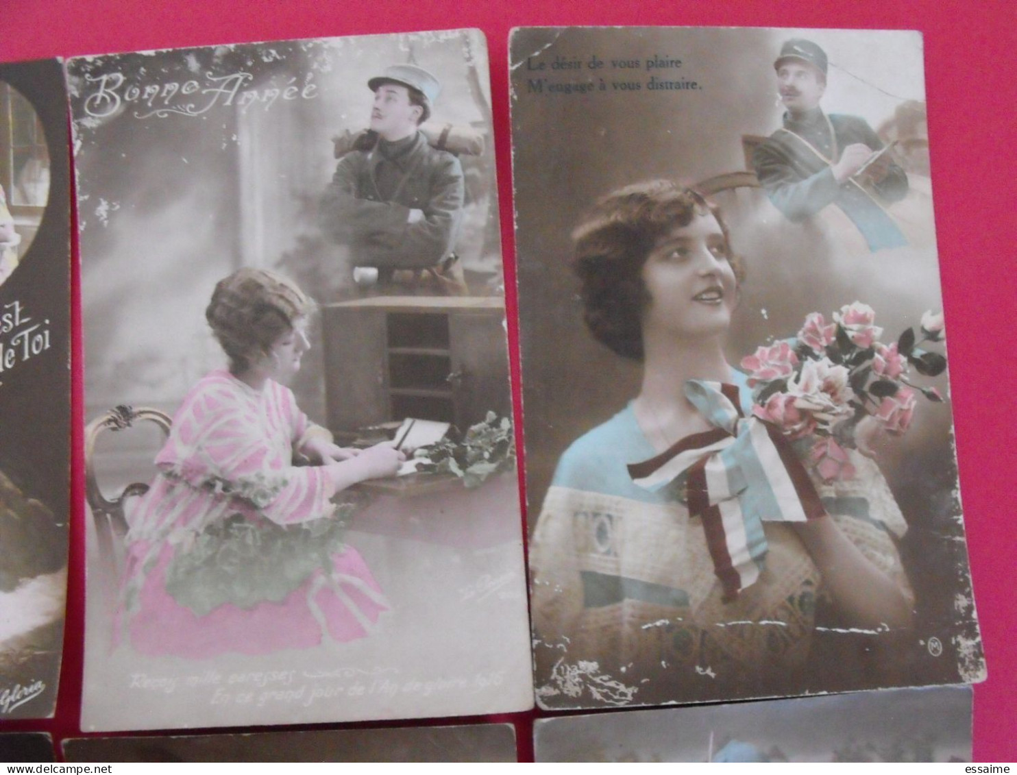 Lot De 6 Cartes Postales. Militaire Baiser Amour Pensée Couple Affection Bonne Année Guerre 14-18 - Collections & Lots