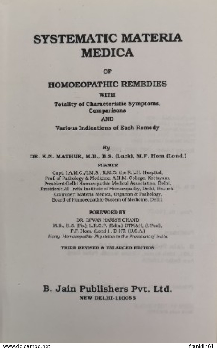 Systematic Materia Medica Of Homoeopathic Remedies. - Health & Medecine