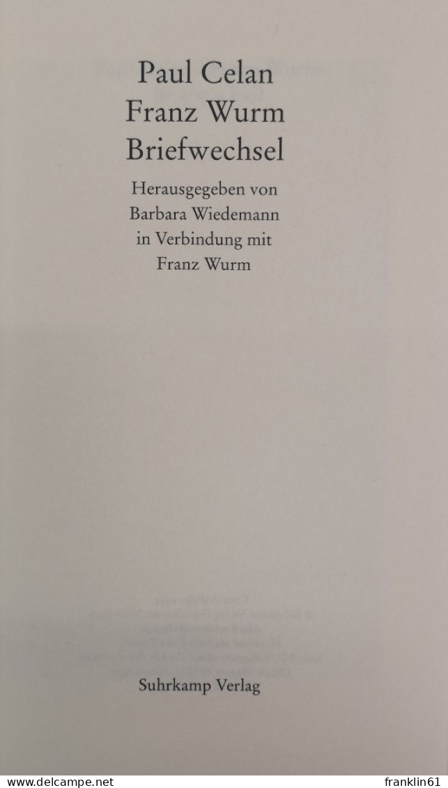 Paul Celan. Briefwechsel Mit Franz Wurm. - Cartes Topographiques