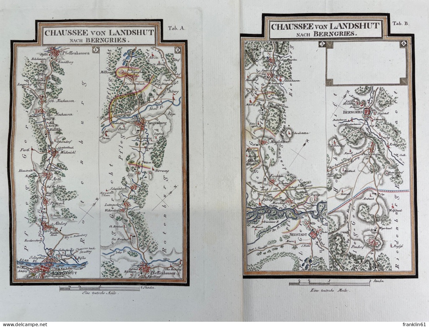 Kupferstich- Karte, In 2 Blatt Aus Riedls Reiseatlas, Chaussee Von Landshut Nach Berngries. - Topographische Karten