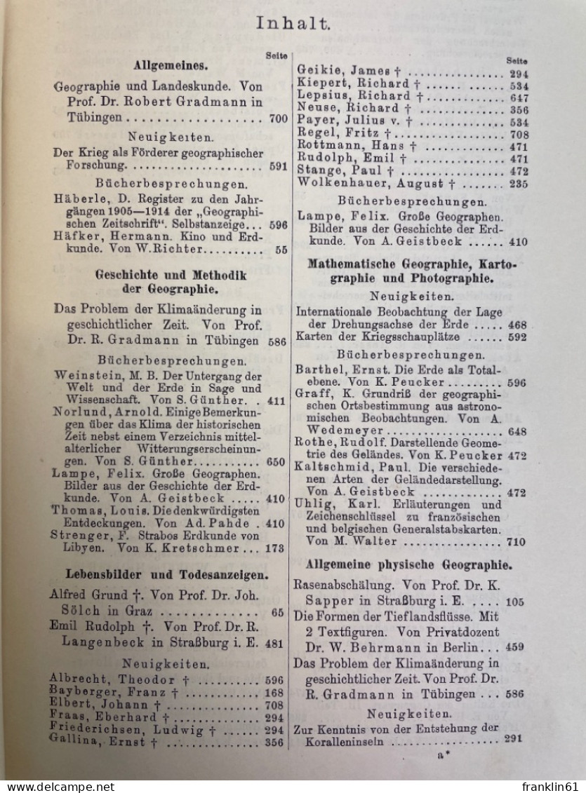 Geographische Zeitschrift. 21. Jahrgang 1915. KOMPLETT. - Topographische Kaarten