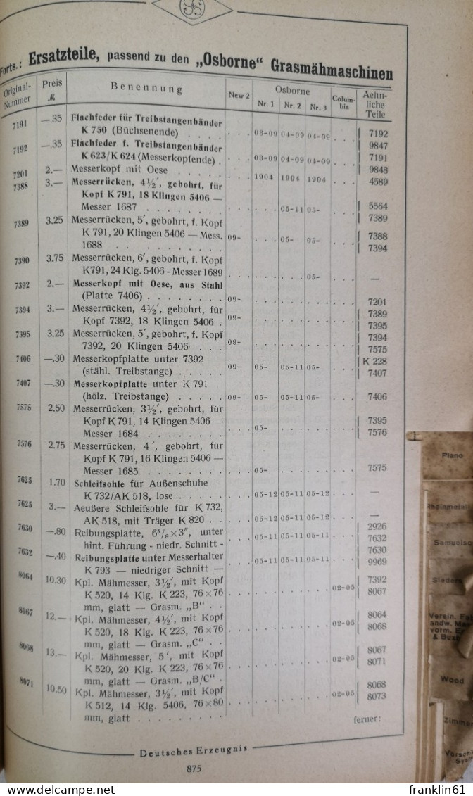 Mähmaschinen-Ersatzteile und landw. Artikel. Ausgabe 1927