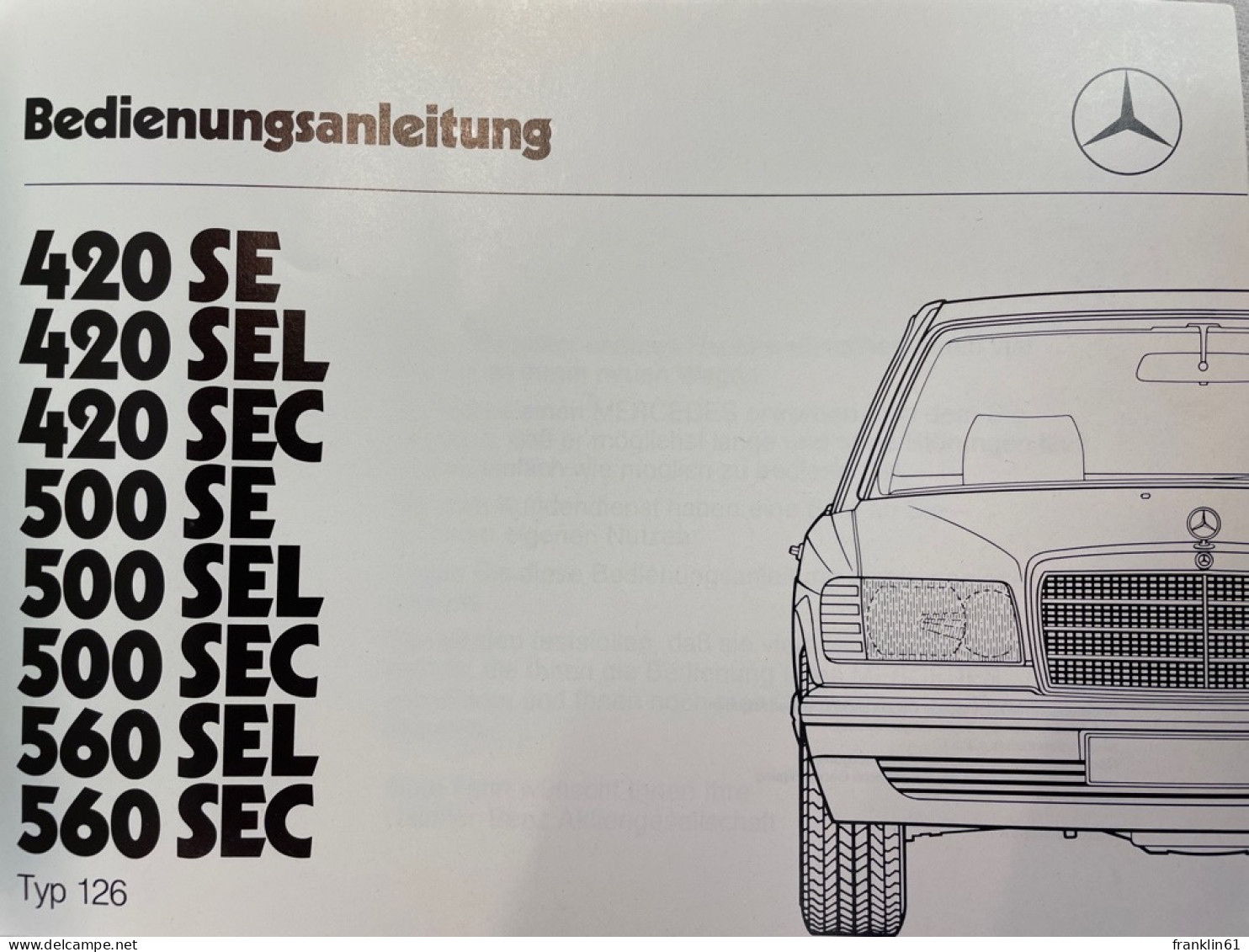 Mercedes-Benz. Bedienungsanleitung. 420 SE, 420 SEL, 420 SEC, 500 SE, 500 SEL, 500 SEC, 560 SEL, 560 SEC. - Transport