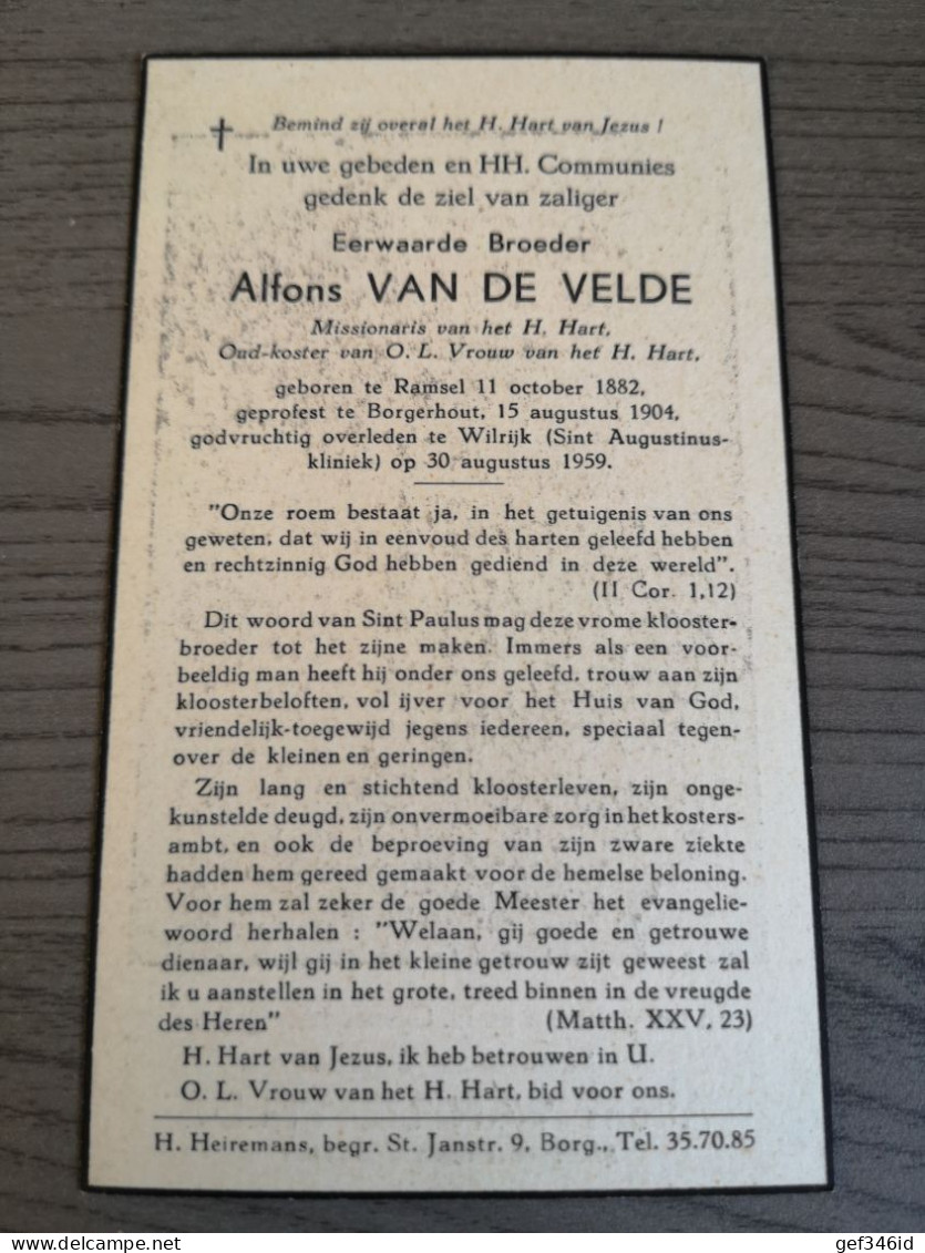 Eerwaarde Broeder Van De Velde Missionaris Oud Koster Ramsel 1882 Borgerhout 1904 Wilrijk 1959 - Religion & Esotérisme