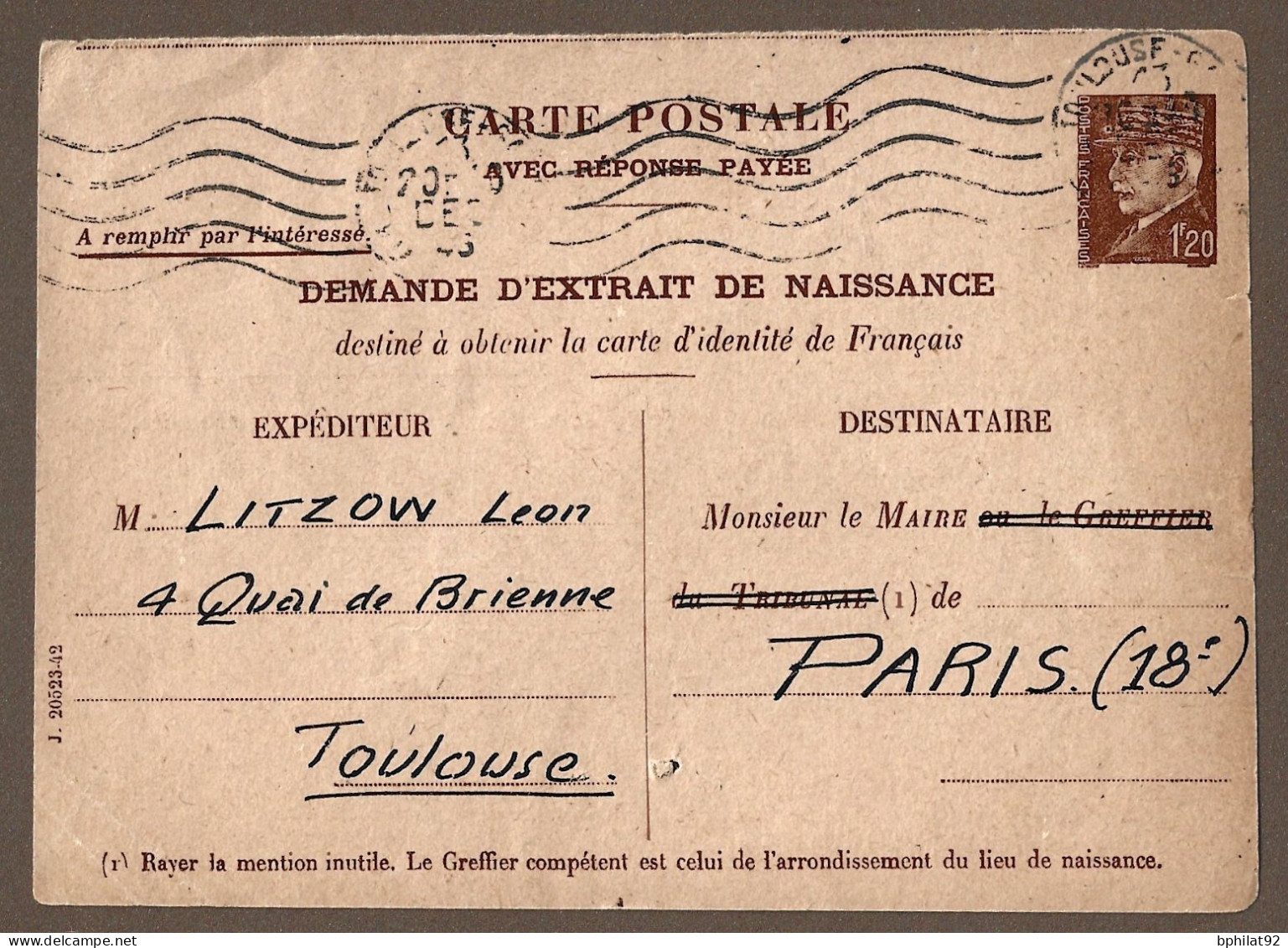 !!! ENTIER POSTAL 1 FRANC 20 PÉTAIN, DEMANDE D'EXTRAIT DE NAISSANCE, 1943 - 1941-42 Pétain