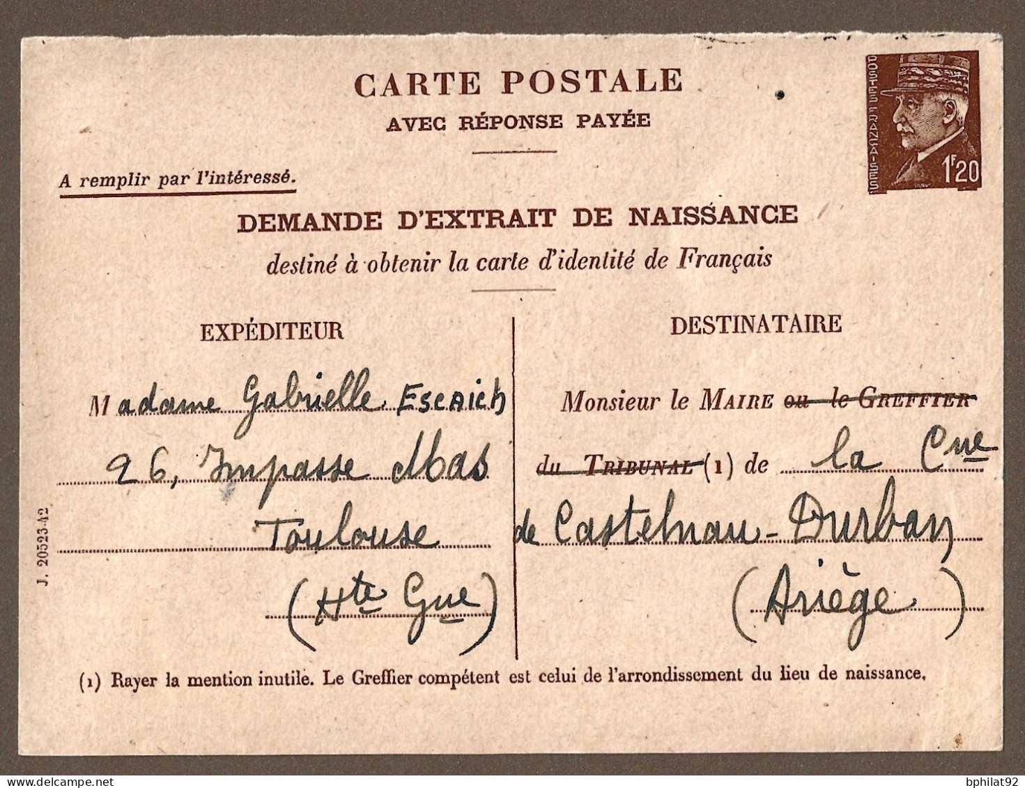 !!! ENTIER POSTAL 1 FRANC 20 PÉTAIN, DEMANDE D'EXTRAIT DE NAISSANCE, 1940 - 1941-42 Pétain