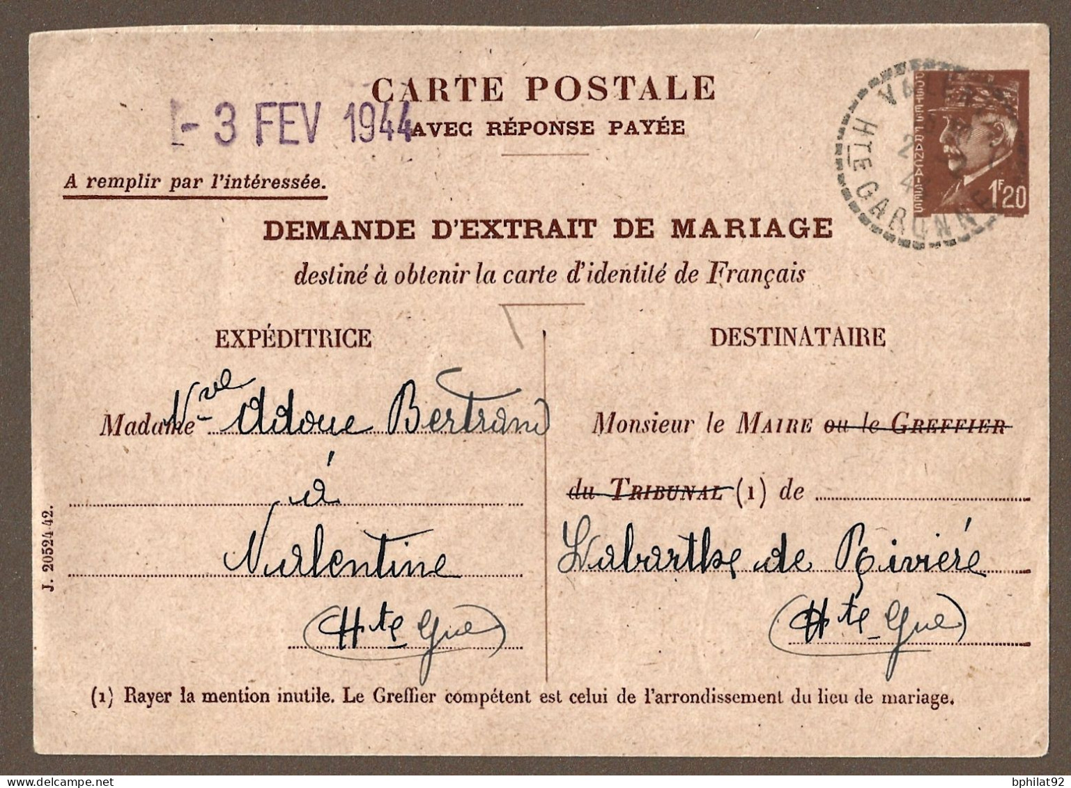 !!! ENTIER POSTAL 1 FRANC 20 PÉTAIN, DEMANDE D'EXTRAIT DE MARIAGE, 1944 - 1941-42 Pétain