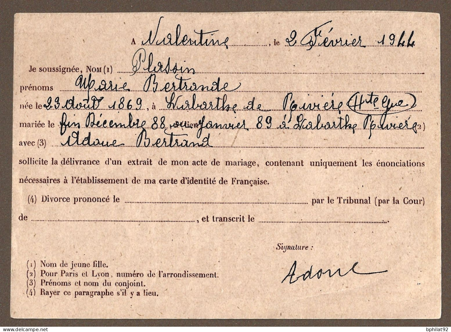 !!! ENTIER POSTAL 1 FRANC 20 PÉTAIN, DEMANDE D'EXTRAIT DE MARIAGE, 1944 - 1941-42 Pétain