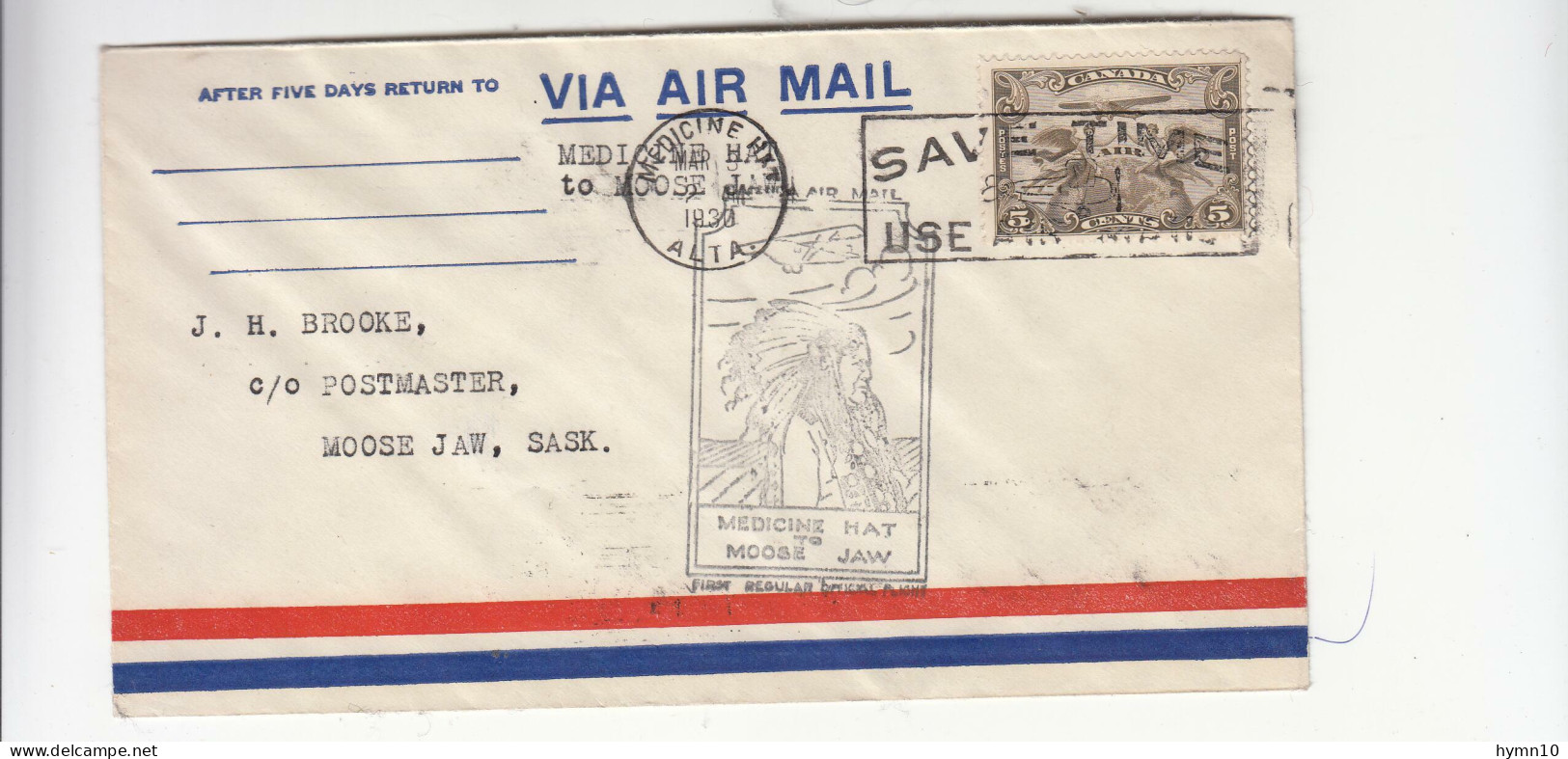 1930 CANADA AIR MAIL Cover+NATIVE Cancel MEDICINE HAT MOOSE JAW+SASK-g84 - Covers & Documents