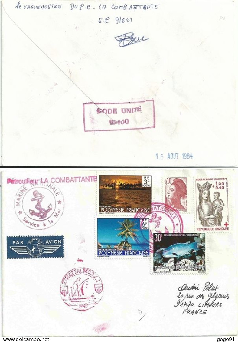 Lettre Postée à Bord De La Combattante - Service à La Mer - Polynésie Pour La France - Covers & Documents