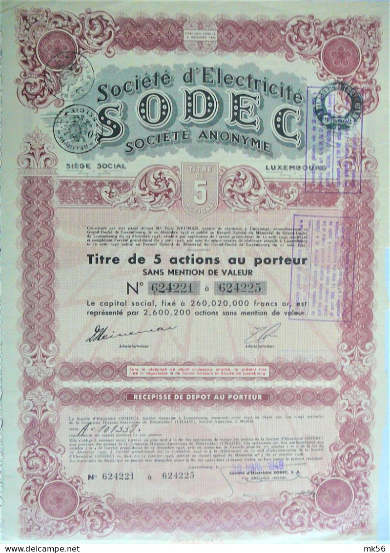 Société D'electricité SODEC - Titres De 5 Actions (1949) - Luxembourg - Electricité & Gaz