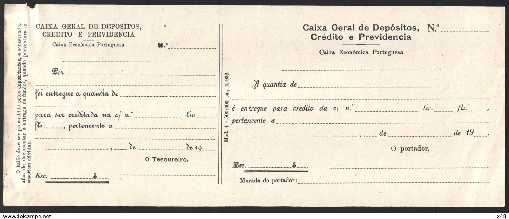 Old Deposit Slip From 1933 From Caixa Económica Portuguesa. Rare. Oud Stortingsbewijs Uit 1933 Van Caixa Económica Portu - Banque & Assurance