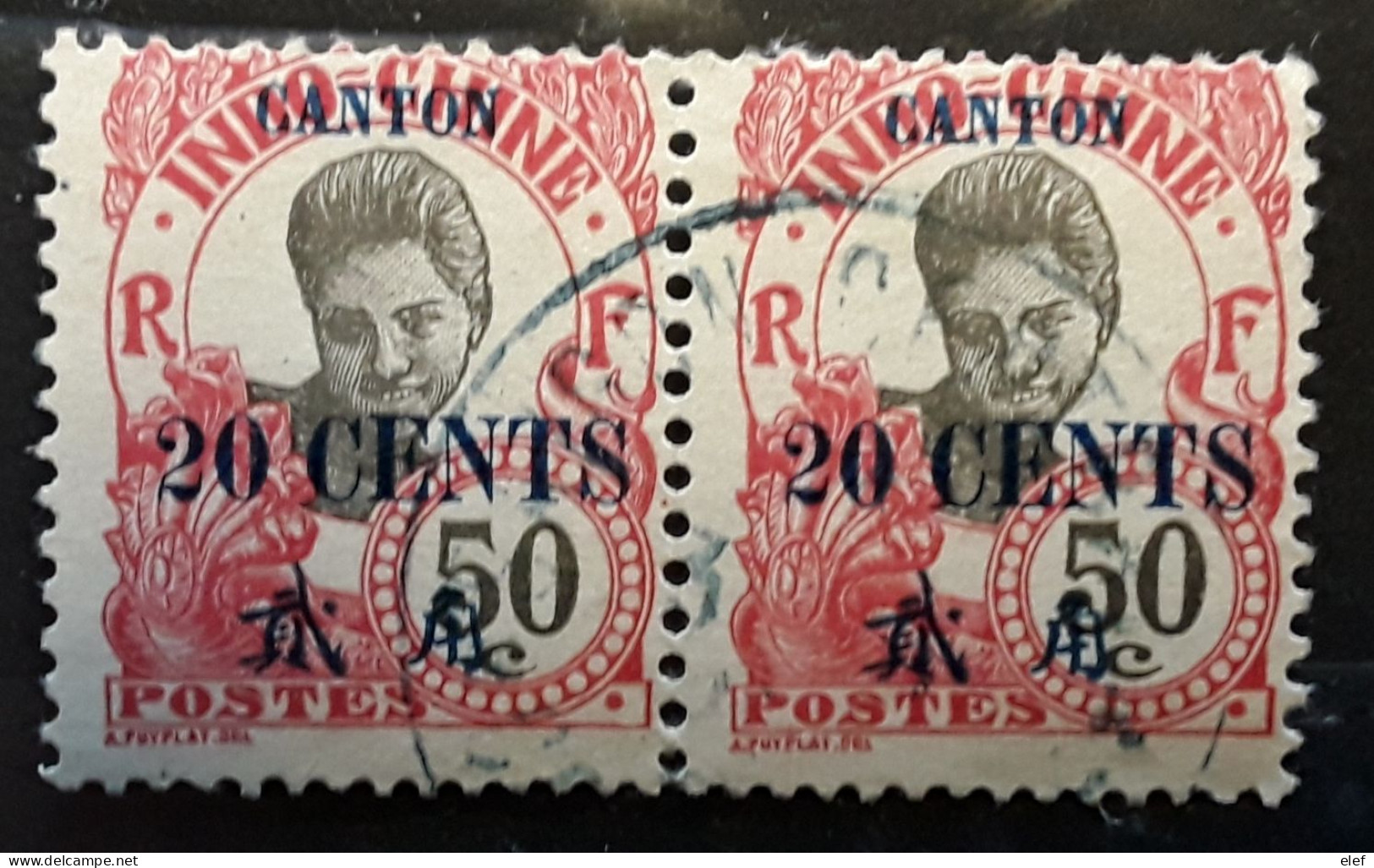 CANTON 1919, PAIRE Yvert No 78 , 20 Cents Sur 50 C Rose , Obl TB - Usati