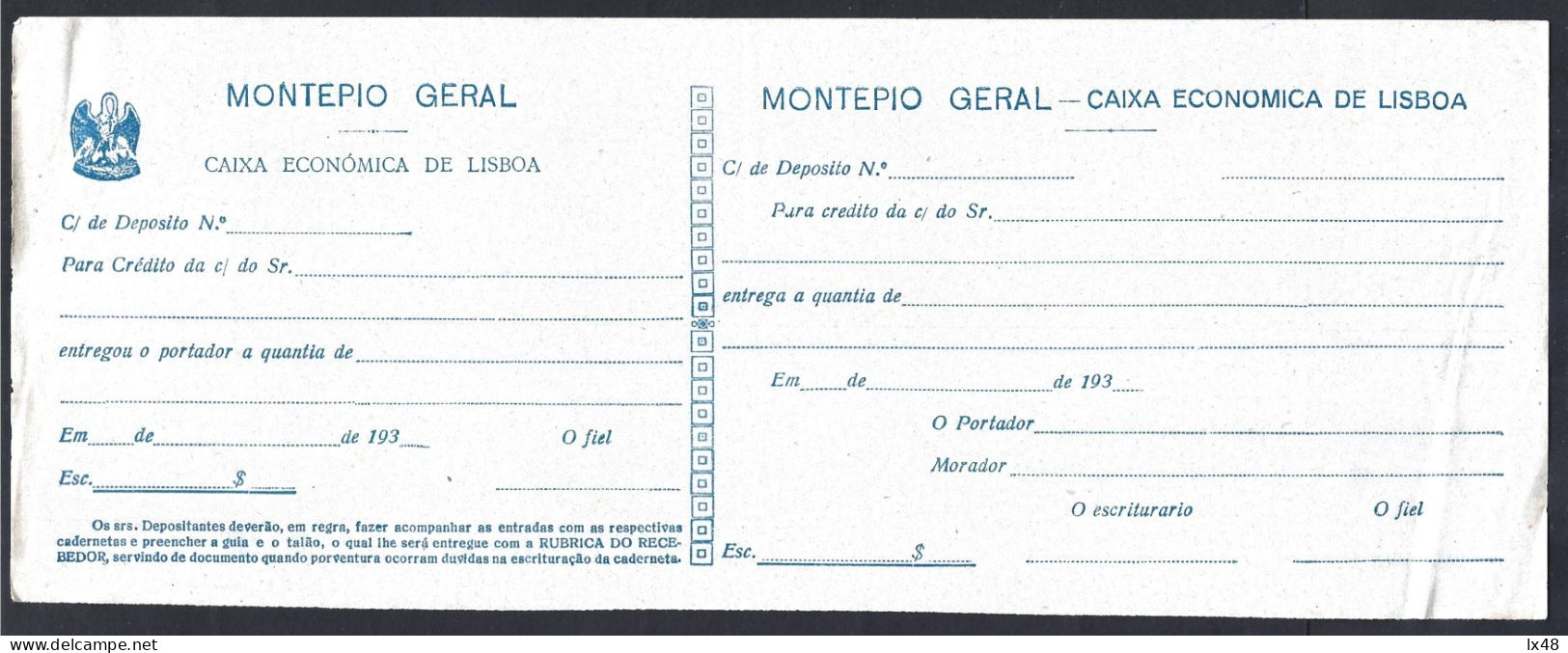 Old Deposit Slip From 1935 From Montepio - Caixa Económica. Rare. Oude Stortingsbon Uit 1935 Van Montepio - Caixa Económ - Bank & Versicherung