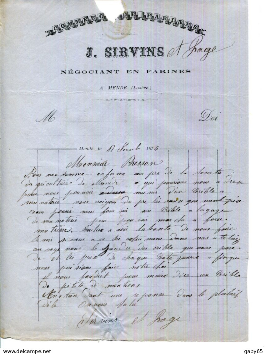 FACTURE.48.LOZÈRE.MENDE.J.SIRVINS NÉGOCIANT EN FARINES.1876. - Agricoltura