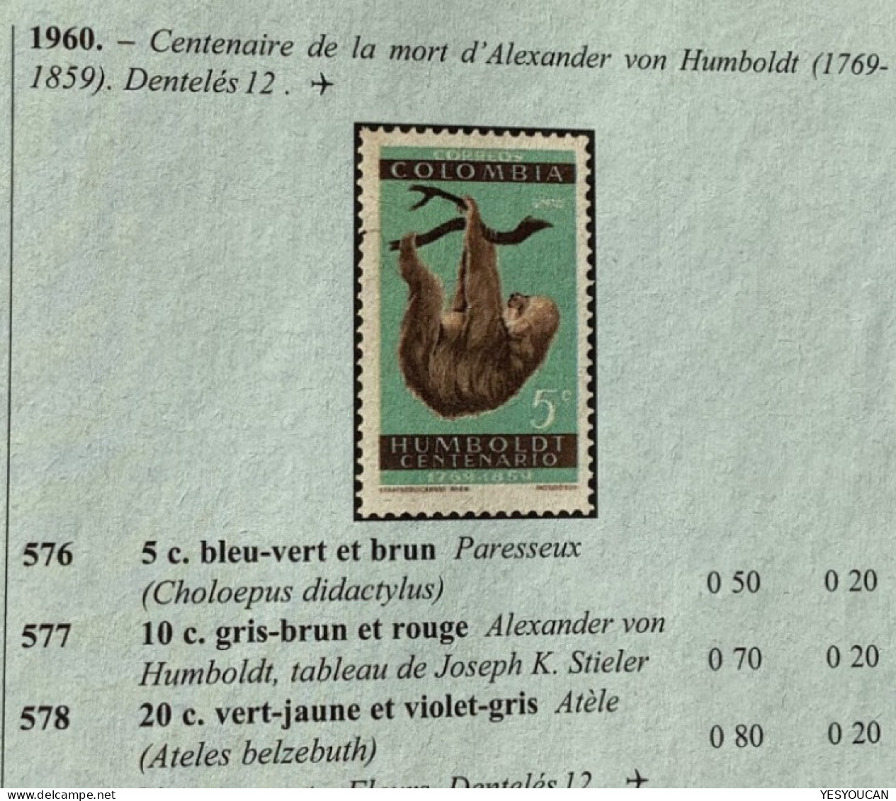 RRR ! UNISSUED1960 1,45 P Sloth/paresseux Alexander Von Humbold Colombia Correo Aero Essay(mammels Armadillo Monkey - Colombie