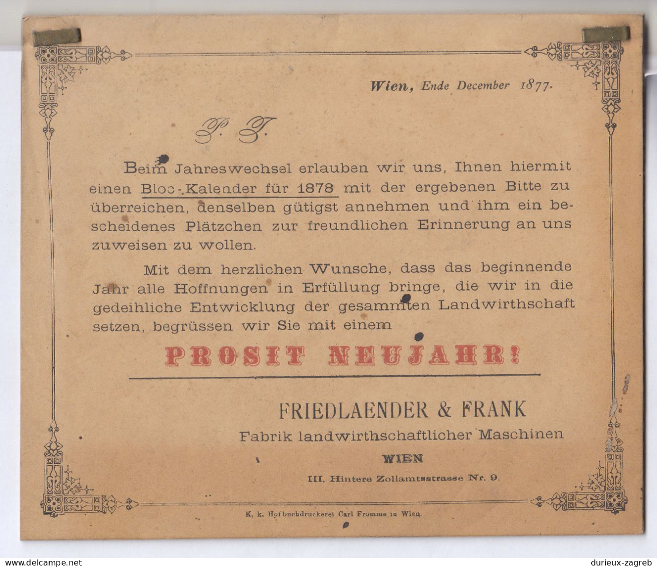 Friedlander & Frank, Fabrik Landwirthschaftlicher Maschinen - Calender 1878 Complete 52 Pages PT200720* - Formato Piccolo : ...-1900