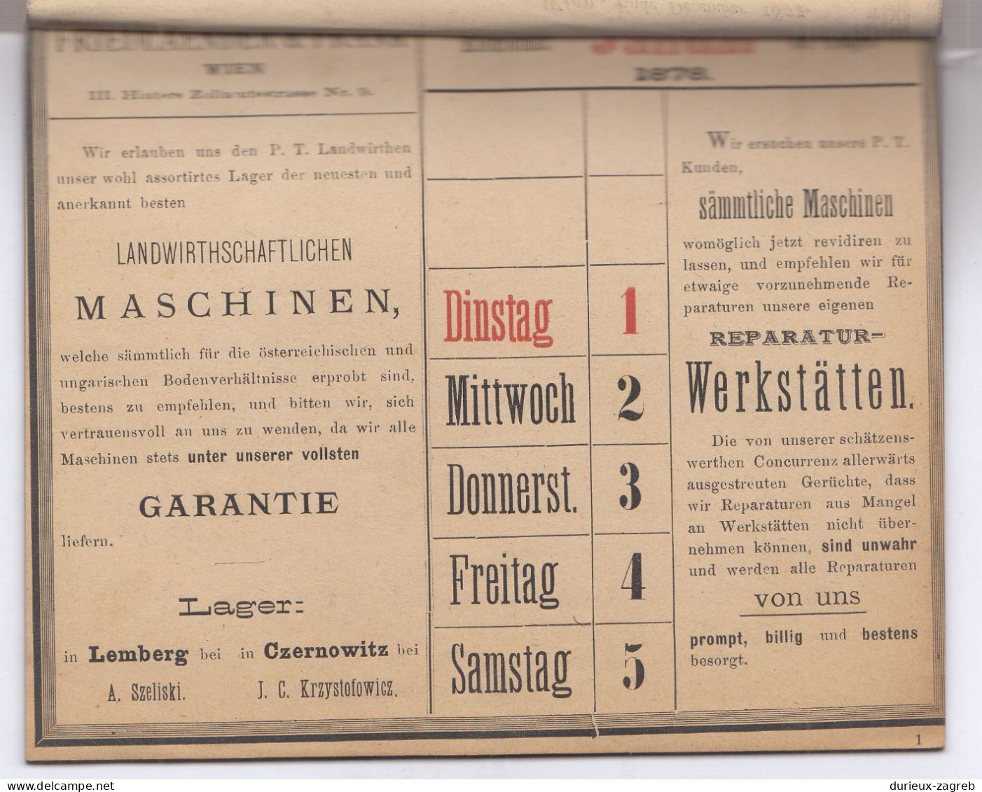 Friedlander & Frank, Fabrik Landwirthschaftlicher Maschinen - Calender 1878 Complete 52 Pages PT200720* - Formato Piccolo : ...-1900