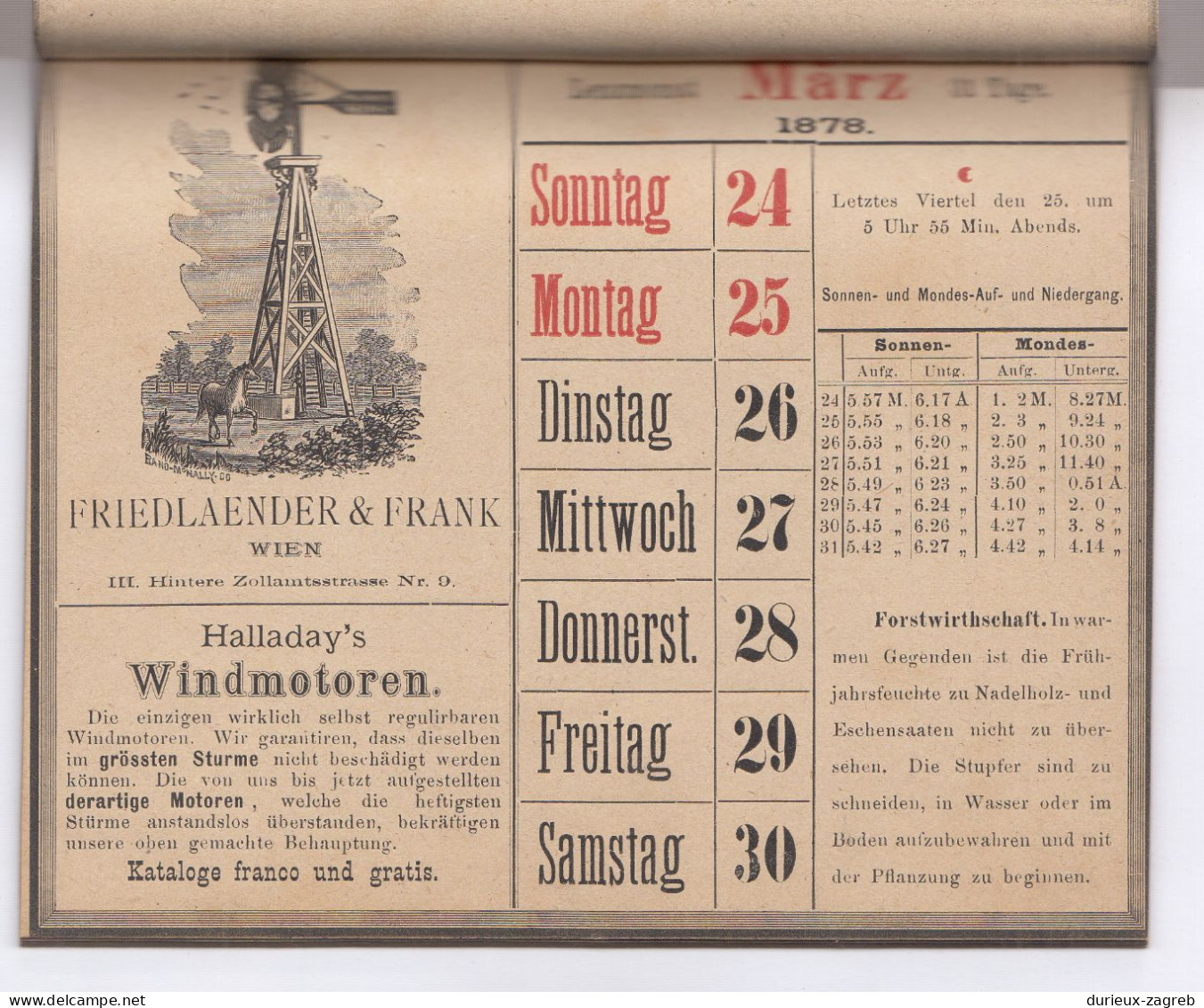 Friedlander & Frank, Fabrik Landwirthschaftlicher Maschinen - Calender 1878 Complete 52 Pages PT200720* - Formato Piccolo : ...-1900