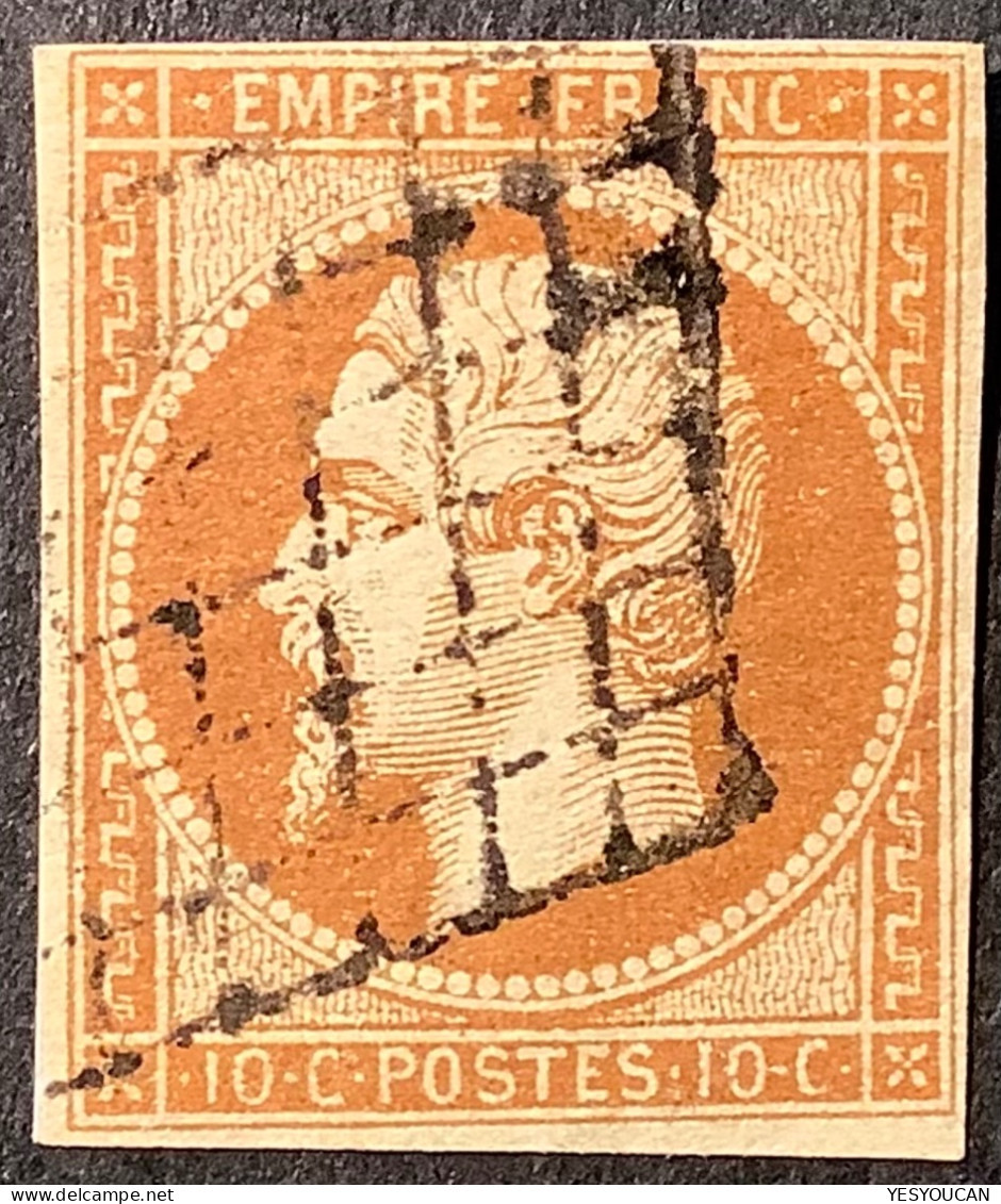 YT.13Ab Obl GRILLE ! TB, 1853 Empire Napoléon III, Non Dentelé 10c Type I Bistre-orange (better Postmark VF - 1853-1860 Napoléon III